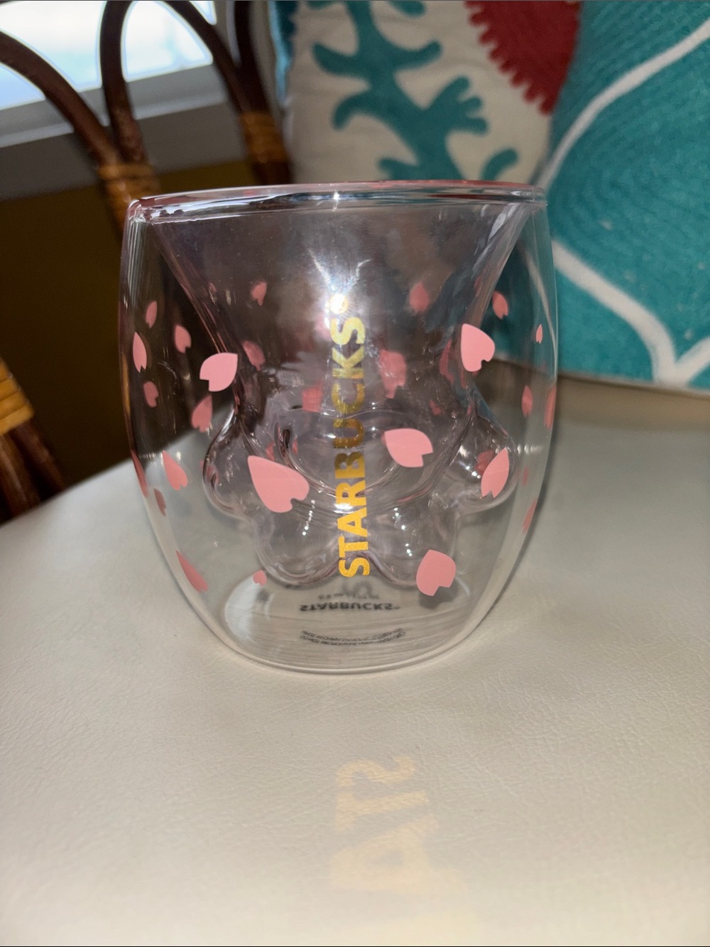 Starbucks Sakura Clear Glass Cup with Pink Petal Accents and Gold Logo